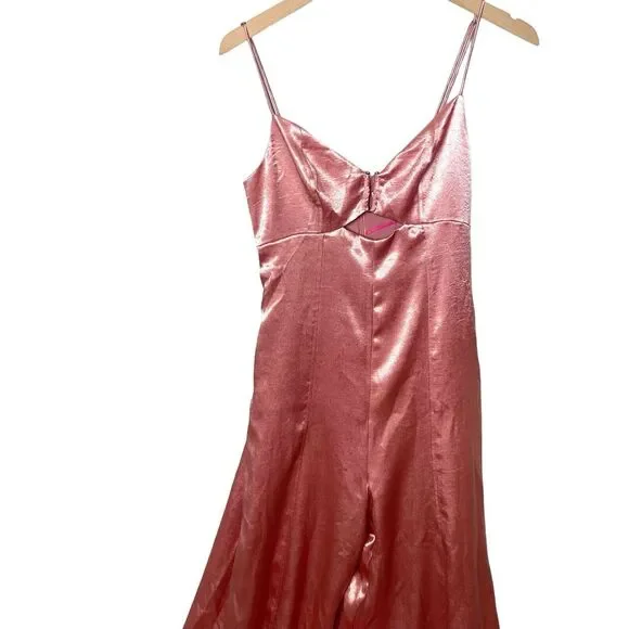 Free People Abbie Jumpsuit Pink Satin Wide leg Cutout Size 2 NWT $250